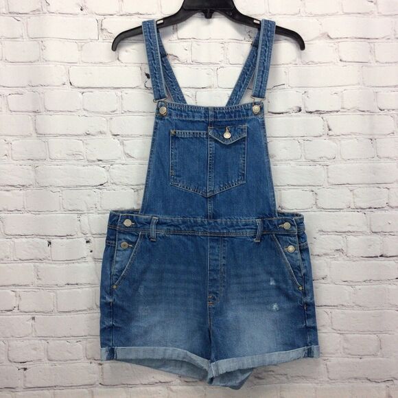 Bershka Denim Bib Shortalls Women's Size L Blue Distressed Cuffed Boho Festival - Picture 1 of 12